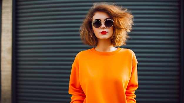 Meisje goudkleurig haar draagt een oranje hoodie en draagt een zonnebril