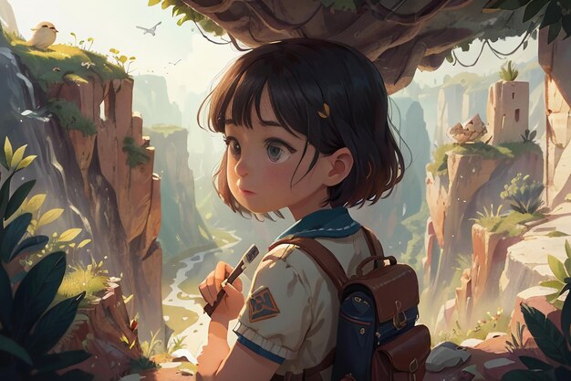 Meisje grotverkenning ontdekt nieuwe wereld prachtige landschap wallpaper achtergrond illustratie