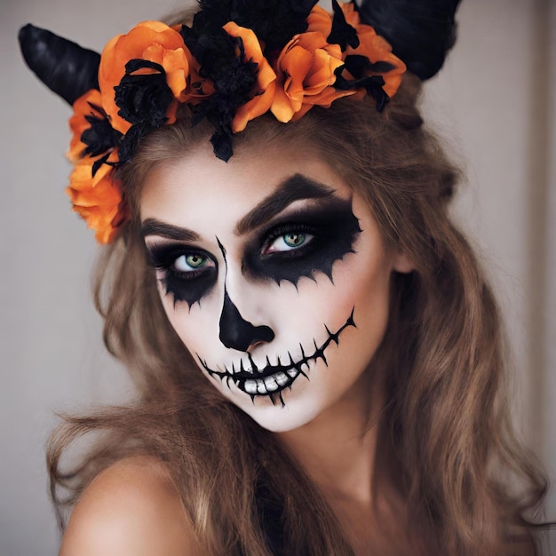 Foto meisje halloween catrina geïnspireerde make-up cosmetica bloemen haren en donkere ogen kijken voor feestideeën