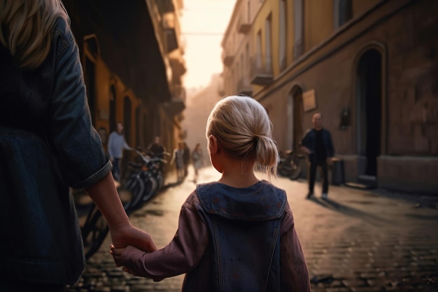 Meisje houdt de hand van haar moeder op het straatbeeld vanaf de achterkant gegenereerde ai