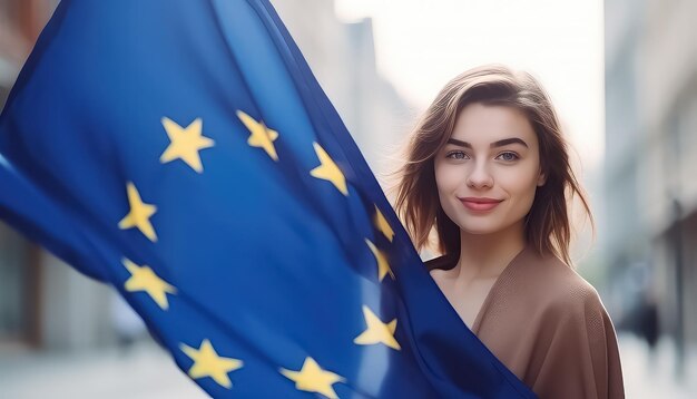 meisje houdt de vlag van Europa op straat