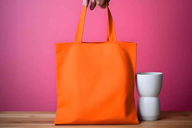 Meisje houdt een oranje Tote Bag in handen.