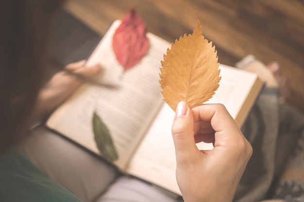 Meisje houdt Herfstblad op de achtergrond van een oud boek. Hygge gezellige concept achtergrondfoto