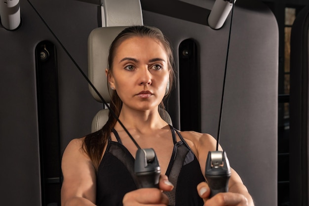 Meisje houdt zich bezig met fitness zit op de simulator Jong fitnessmeisje houdt zich bezig met sporten