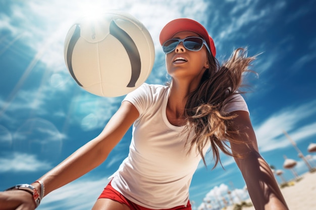 Foto meisje in beweging speelt strandvolleybal, slaat een bal en valt op het zand op een warme dag.