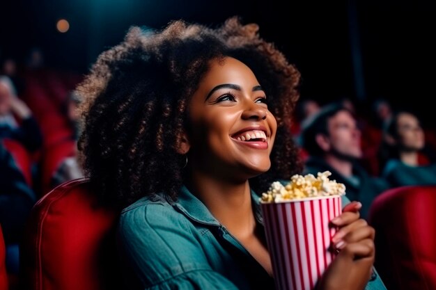 Meisje in de bioscoop die popcorn eet.