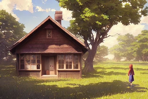 Meisje in de buurt van een houten huis op de prairie digitale tekening in anime-stijl