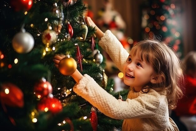 Meisje in de buurt van kerstbomen thuis en met een kerstboomversiering