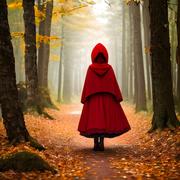 Foto meisje in de rode mantel loopt in het bos.