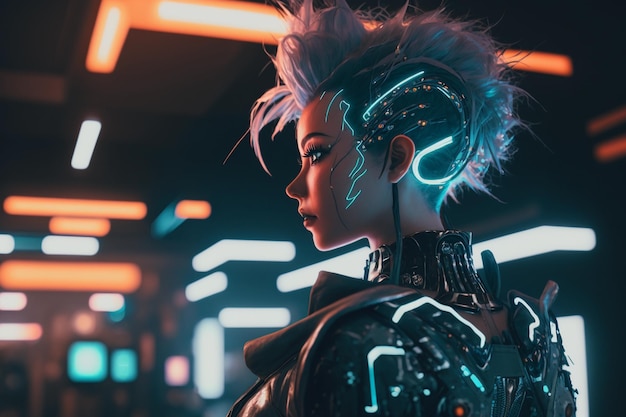 Meisje in de stijl van cyberpunk-anime op de achtergrond van de ai-generatie van de nachtstad