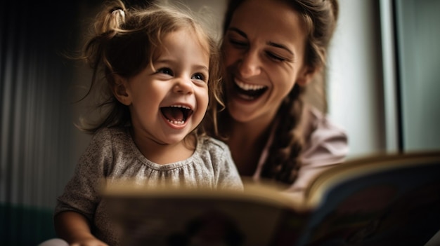 Meisje in de voorschoolse leeftijd lacht vrolijk terwijl ze bij haar moeder zit en een verhalenboek leest