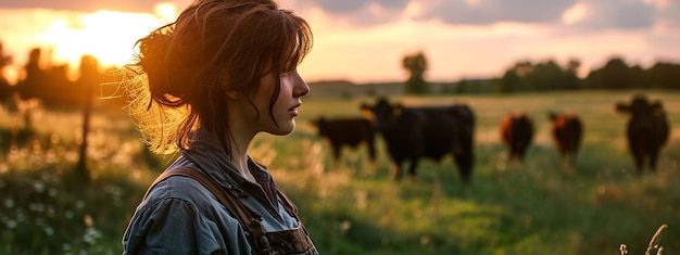 Meisje in de weide op de achtergrond van koeien Landbouw Boerderijleven