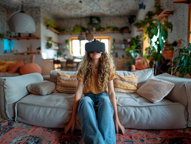 Meisje in de woonkamer op de bank met een virtual reality bril.