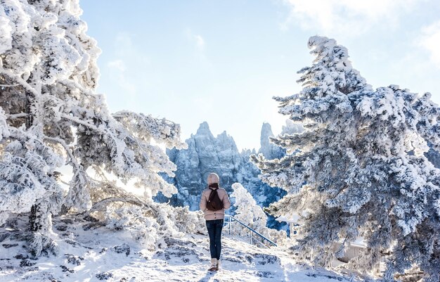 Meisje in een besneeuwd bergbos. Winter landschap.