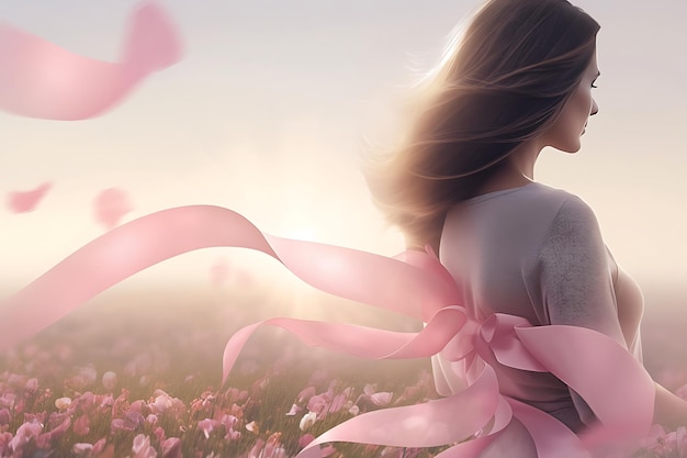 Meisje in een bloemenveld met de zon achter haar