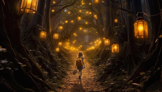 meisje in een donker bos met lantaarns