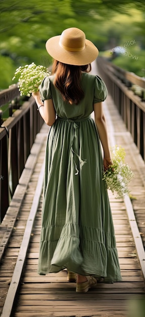 Meisje in een groene jurk loopt op een brug.