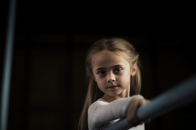 Meisje in een gymnastiekkostuum doet een sportoefening in de sportschool met een zwarte achtergrond