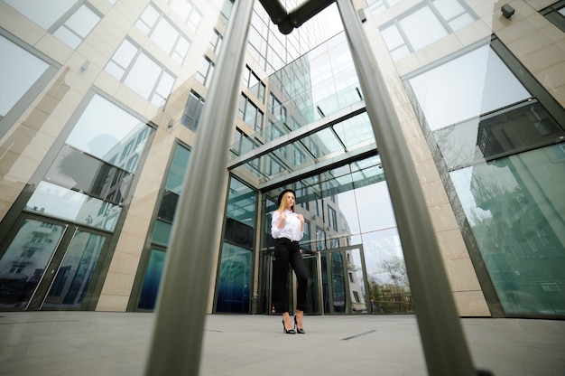 Meisje in een hoed op een achtergrond van de glasbouw