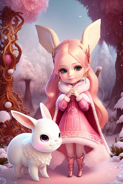 Meisje in een roze jurk naast een generatieve ai van een wit konijn