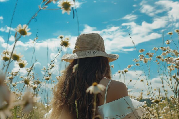Meisje in een weide met bloemen en een mooie blauwe hemel