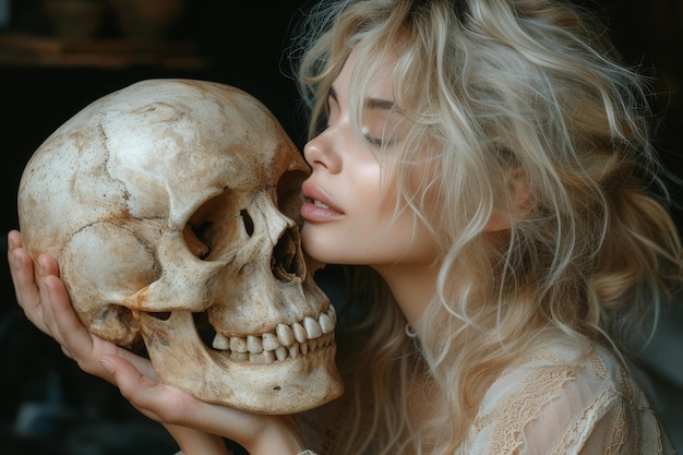 Meisje in handen met een schedel gotische donkere sombere stijl theater om te zijn of niet om Shakespeare te zijn