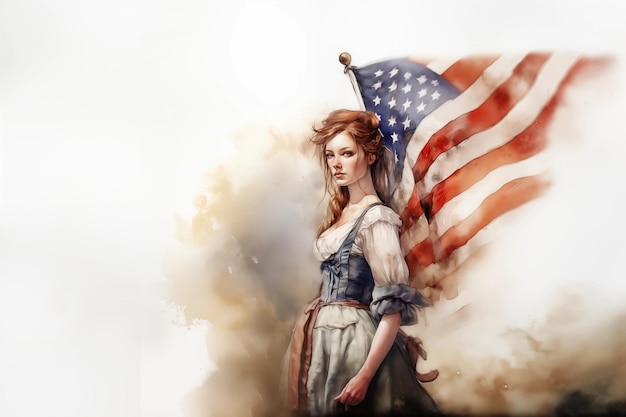 Foto meisje in historische jurk uit de amerikaanse revolutionaire oorlog met vlag 4 juli onafhankelijkheidsdag usa