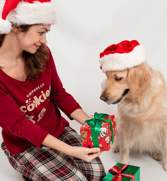 meisje in kerstman hoed met hond labrador