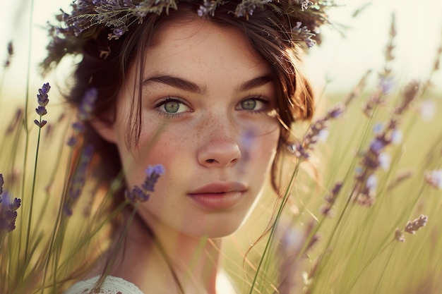 Meisje in lavendel bloem kroon in weide zomer buiten portret