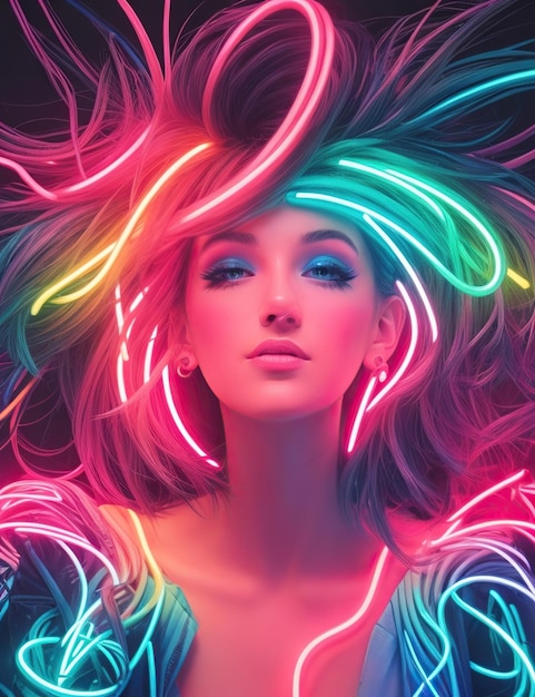 Meisje in neonlichten met heldere en levendige kleuren