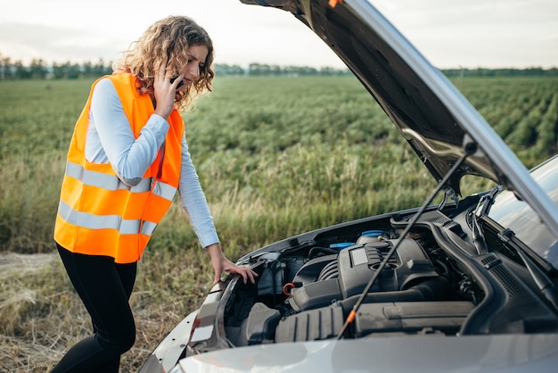 Meisje in reflecterend vest met telefoon, kapotte auto