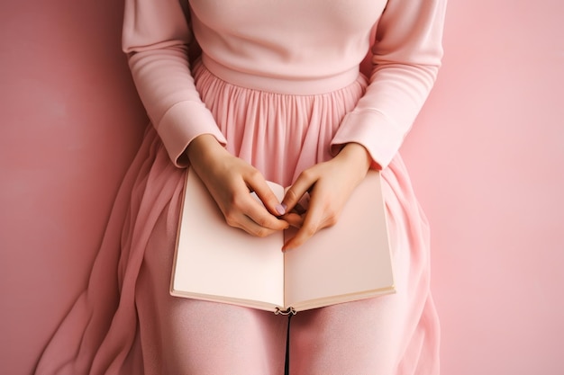 Meisje in roze met een notitieboekje in haar handen generatieve ai