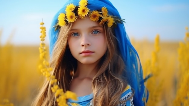 Meisje in traditionele Oekraïense kroon op haar hoofd blauwe en gele vlag van Oekraïne in het veld Dag o