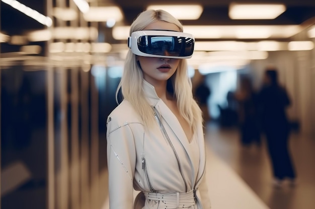 Meisje in VR-headset loopt in de winkel vrouw klant met behulp van virtual reality generatieve AI