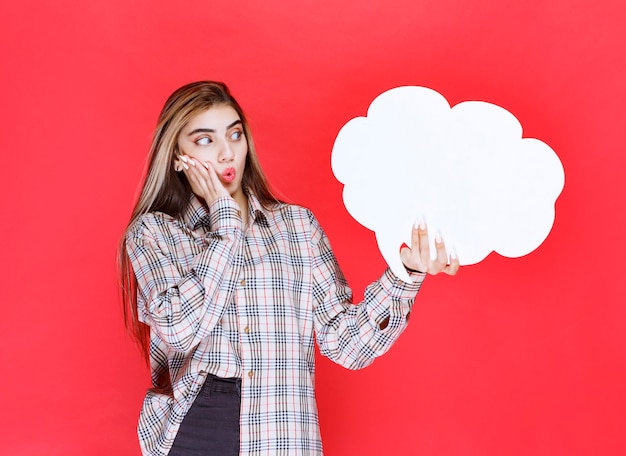 Meisje in warme trui met een ideebord in de vorm van een wolk en kijkt verrast