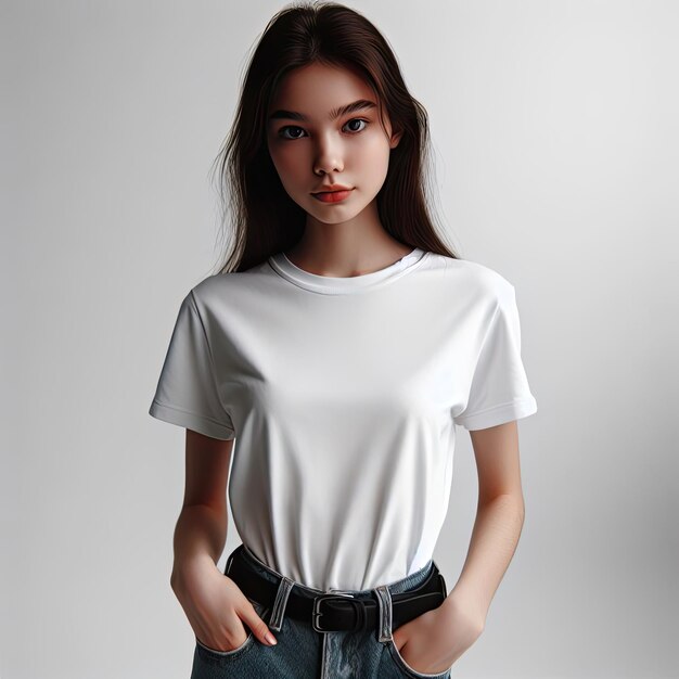 Meisje in wit T-shirt op witte achtergrond kijkt in de lens plaats voor tekst kopie ruimte