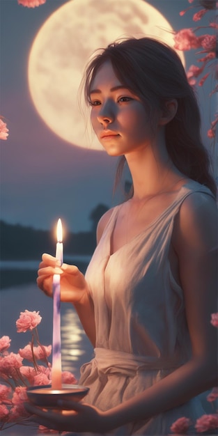 Meisje kaars verlichte bloemen winderig meer maan kijk naar de camera prefect gezicht half lichaam