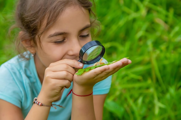 Foto meisje kijkt door een vergrootglas naar een slak op een blad