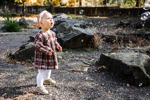 Meisje kijkt naar zeepbellen, in herfst park