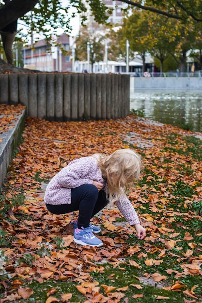 Meisje kind verzamelt gele bladeren in de buurt van het meer in het park