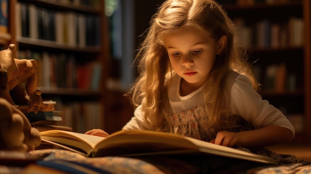 Meisje leest een boek in de bibliotheek