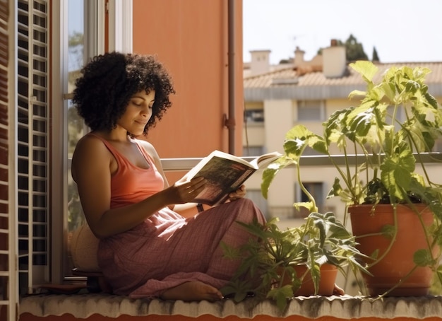 Meisje leest een boek op de patio in een zonnig klimaat