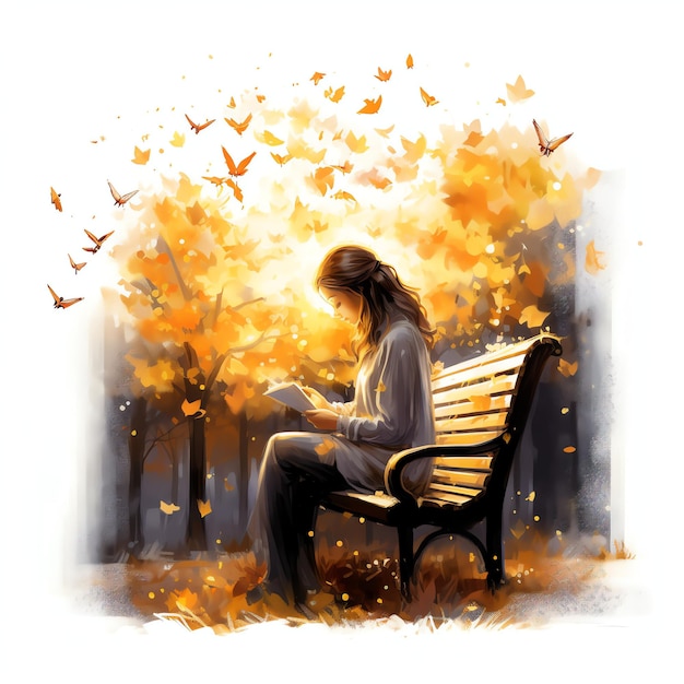 meisje lezen terwijl ze op een bankje zit bookworm fantasy herfst met een mooi licht boek