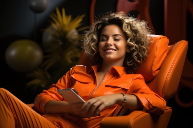 meisje liggend in een stoel met een grote telefoon op oranje achtergrond met kleurovergang
