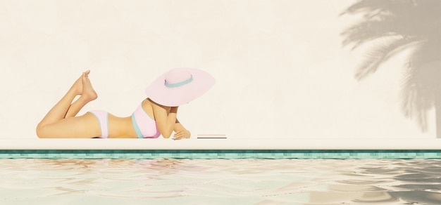 Meisje liggend op de stoeprand met roze bikini en pamela lezen van een boek