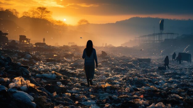 Meisje loopt door een hoop vuilnis milieuprobleem achteruit hoge kwaliteit