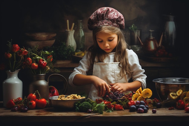 Foto meisje maakt eten in haar keuken