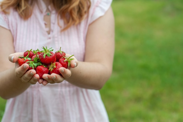 meisje met aardbei in handen op groene achtergrond plaats voor tekst seizoen fruit ingrediënt