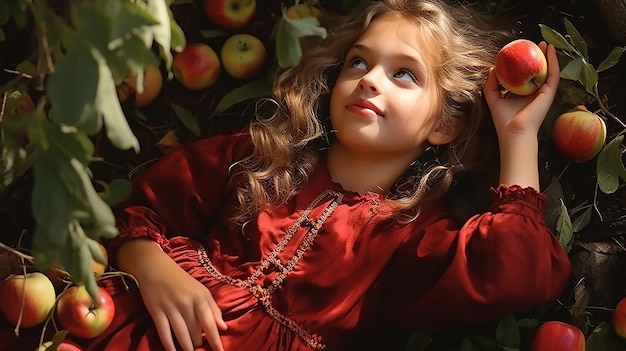 Meisje met appels in de appeltuin.