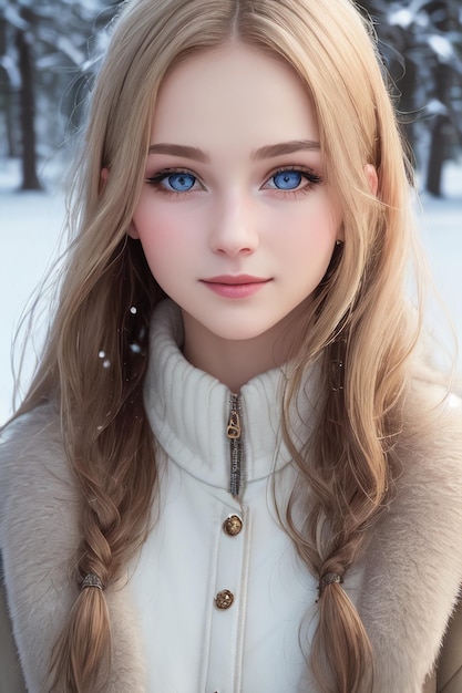 Meisje met blauwe ogen in de sneeuw.